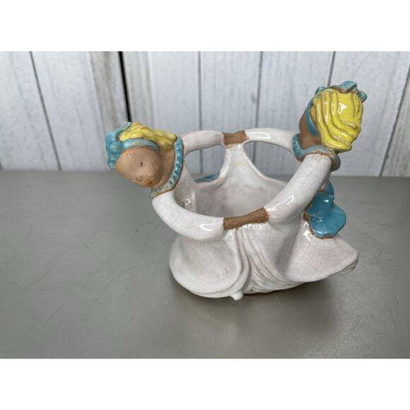 Vintage Sorcha Boru Pottery 2 Dancing Blonde Girls Figurine Planter Bowl Signed - Picture 1 of 8